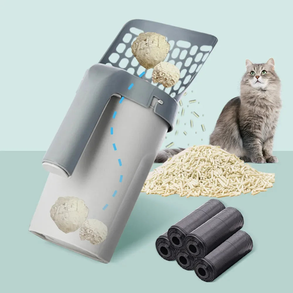 Pala para arena de gato 2 en 1 con dispensador de bolsas integrado
