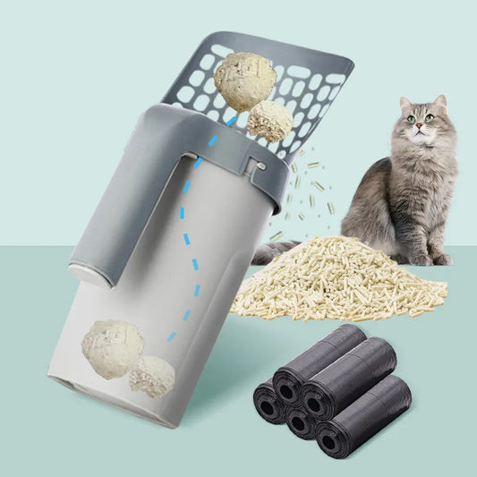 Pala para arena de gato 2 en 1 con dispensador de bolsas integrado