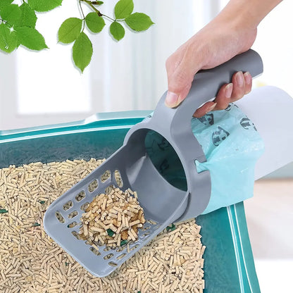 Pala para arena de gato 2 en 1 con dispensador de bolsas integrado
